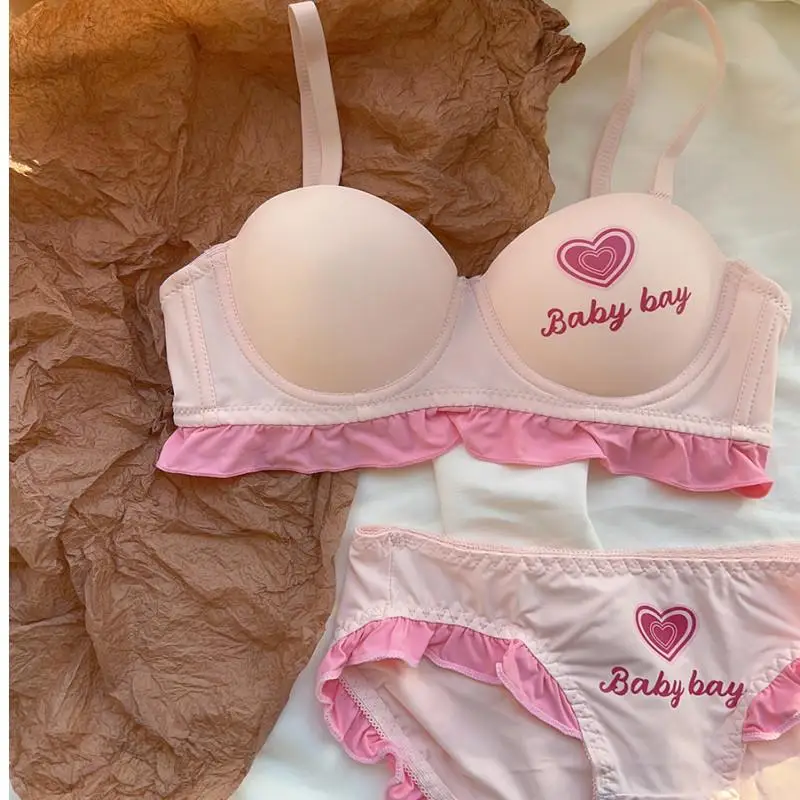 Girl Heart Pink Barbie Bra Set Half Cup No Steel Rim Small Chest Gathering Comfortable and Convenient Lace Fashion and Underwear