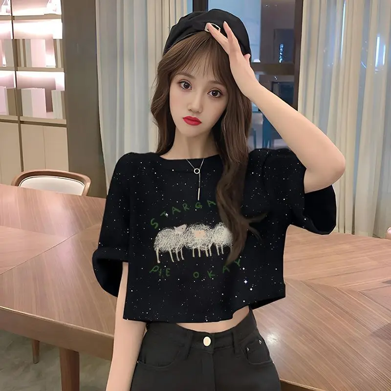 2026 Summer New Small Short-sleeved T-shirt Women's Sequins High-end Design Ins Versatile Letter Print Top Age-reducing Loose