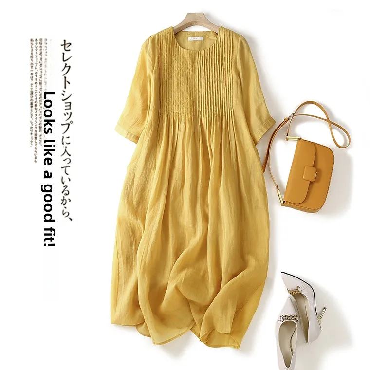 Yellow Skirt Versatile Summer New Sle Artistic Retro Heavy Eming Cotton Linen Loose Midi Dr A-Line Silhouette Long S...