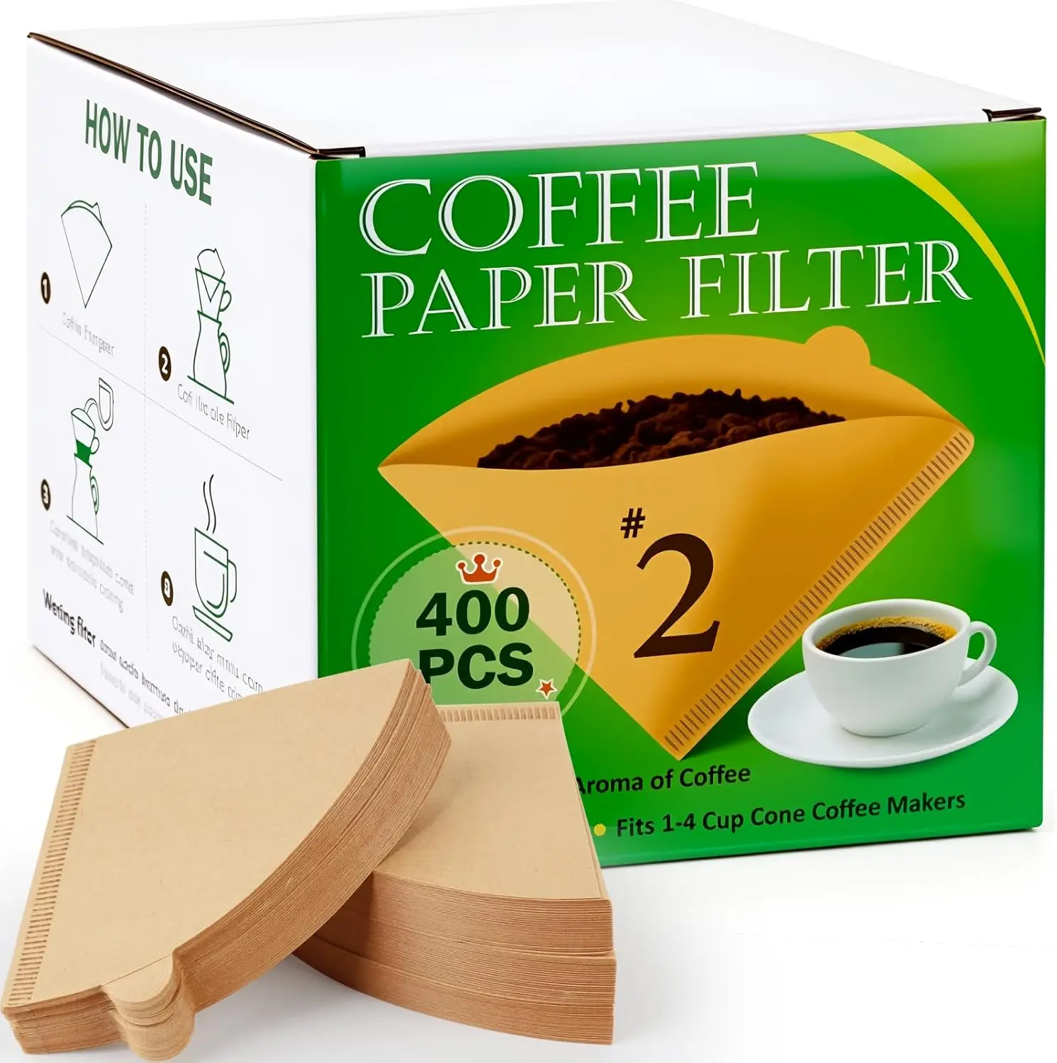 

400 Unbleached Cone Coffee Filters #2, 1-4 Cup Pour Over Paper, Compatible with Most Drippers