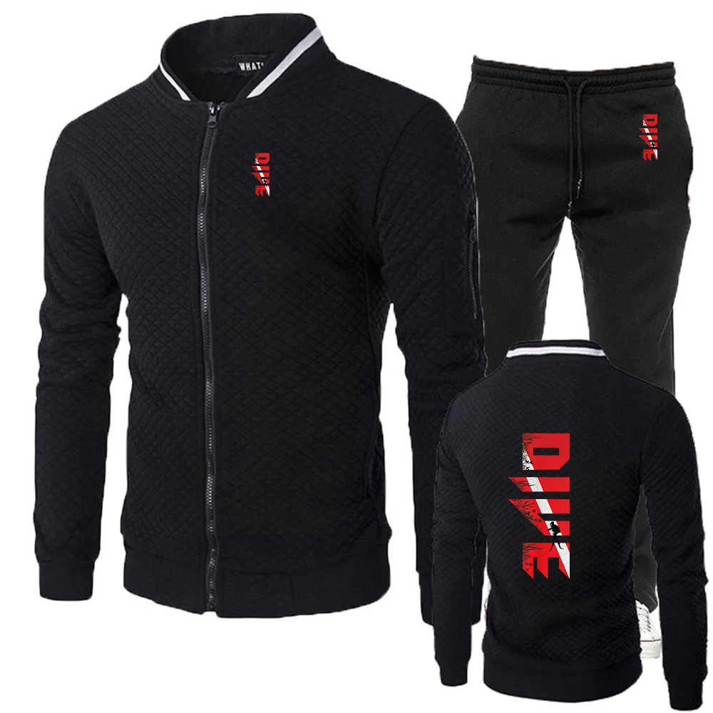 2025 Scuba Diving Diver Down Flag Print Spring And Autumn Men's New Slim-fit Set Casual Jacket+Trouser Sports Suit