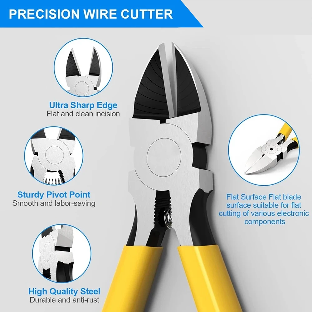 5 Inch Spring Loaded Diagonal Cutters Flat Nose Pliers & RJ45 Cable Stripper Multifunctional Tool for Wire Cable Craft Cutting