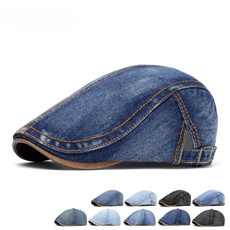 

Mens Cowboy Adjustable Strap Jeans Hats Plain Front Caps English Style Womens Berets Octagon Hats