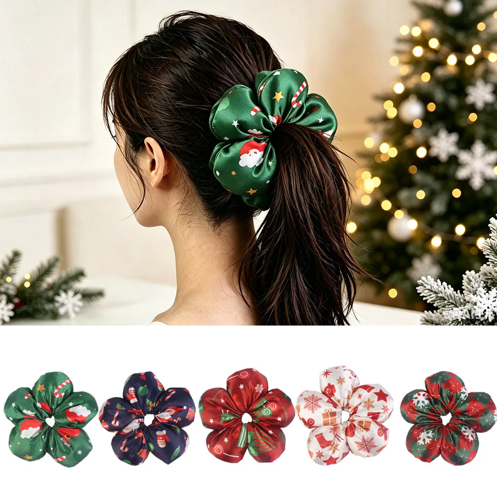 1Pc Satin Christmas Scrunchies, Xmas Tree Snowflake Santa Print Ponytail Ties for Women, Holiday Accessories