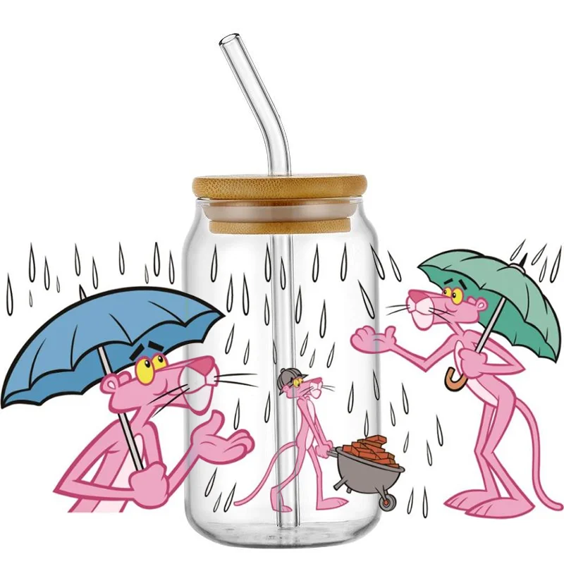 

Новая кавайная розовая пантера 3D наклейка УФ DTF водонепроницаемая переводная наклейка для чашки 16 унций DIY мультяшные очки украшение кружки