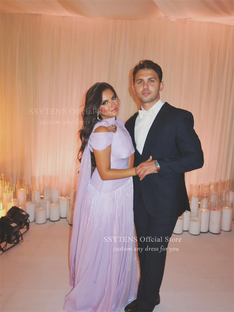 Gaun Malam Panjang Satin Sutra Lilac SSYTENS Tanpa Lengan Model A-Line Gaun Prom Arab Saudi dengan Selendang Gaun Prom Formal Dapat Disesuaikan