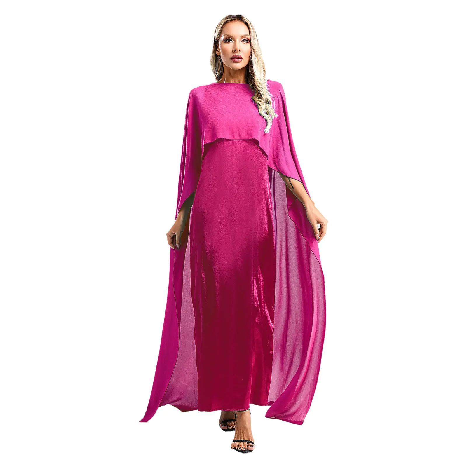 Evening Dress Womens Muslim Long Robe Satin Dresses with Chiffon Cape Elegant Party Dress for Grand Events Special Occasions