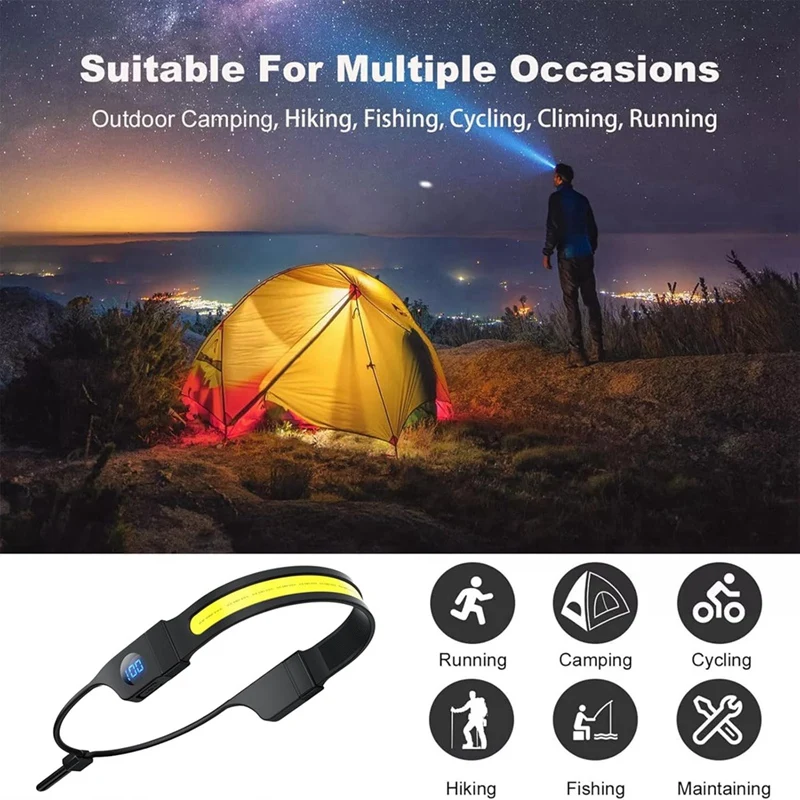 Linterna frontal LED COB, linterna frontal recargable por USB, pantalla de energía Digital, para acampar, caminar, pescar y hacer senderismo