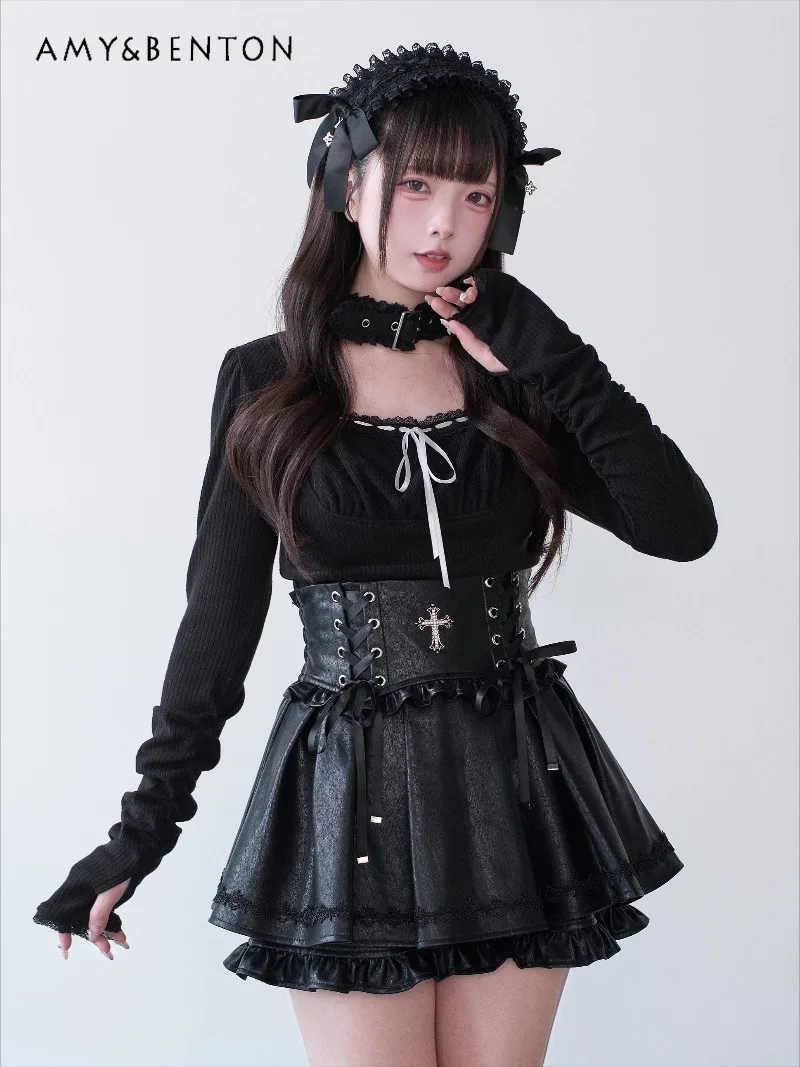 

Japanese Subculture Mine Series Long Sleeve Hollow Out Choker Top High Waist Mini Skirt Goth Mass-Produced Lolita Two Piece Set