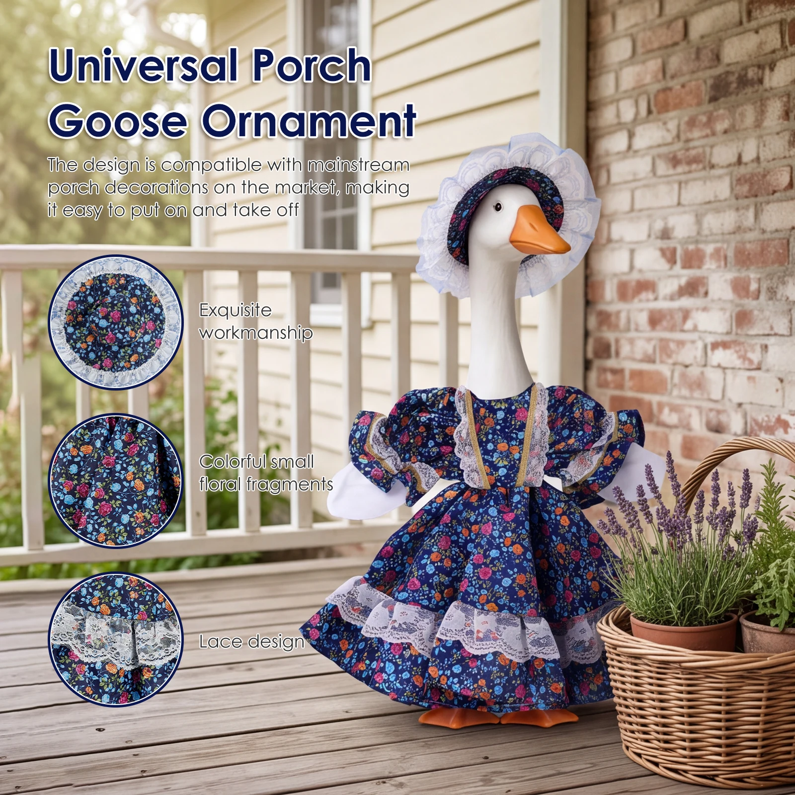 23 Inch Vintage Floral Porch Goose Statue Outfit Cute Funny Outdoor Yard Lawn Goose Costume with Skirt Hat Patio Garden Decor