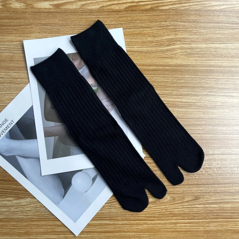 Wide Vertical Stripe Double Needle High Rubber Band Solid Color Two Toed Socks Split Toe Mid Tube Spring/Autumn Mid Tube Socks