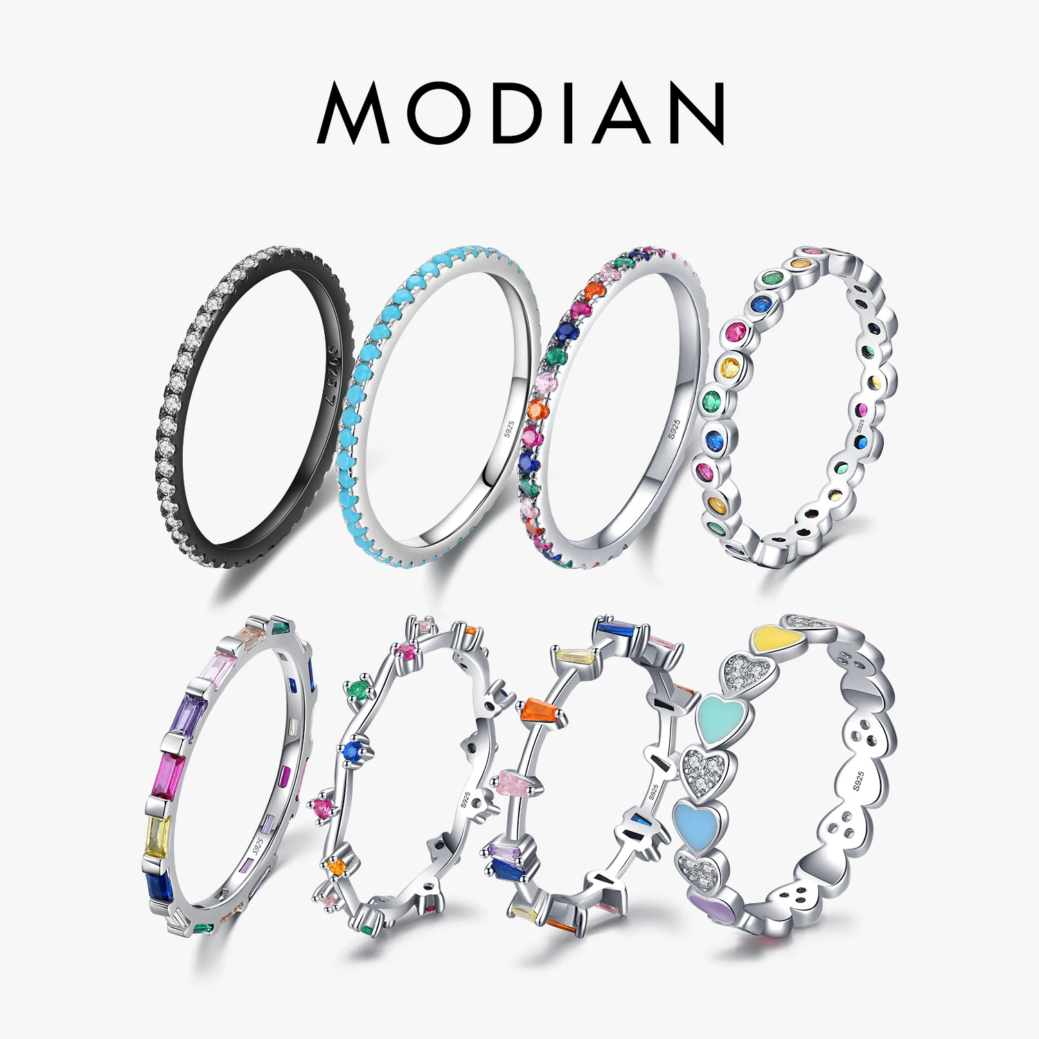 Modian 12 estilos auténtico Plata de Ley 925 Arco Iris colorido moda apilable anillo de dedo para mujeres Grils joyería llamativa
