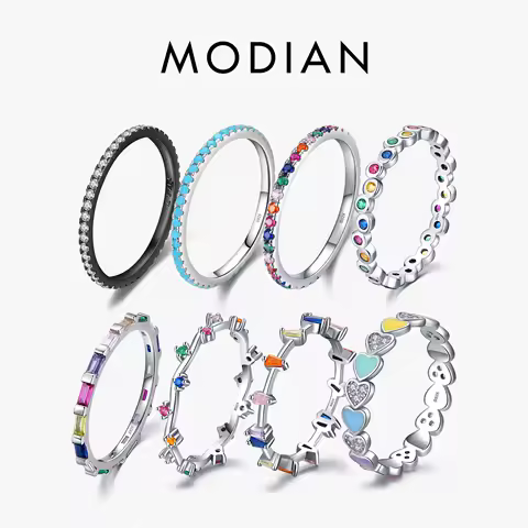 Modian 12 Style Authentic 925 Sterling Silver Rainbow Colorful Fashion Stackable Finger Ring For Women Grils Statement Jewelry
