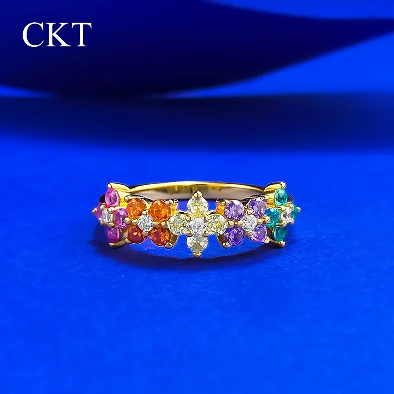 

CKT Solid 925 Sterling Silver Colorful Lab Sapphire Moissanite Flower Row Ring for Women Diamond Fine Jewelry Wedding Band