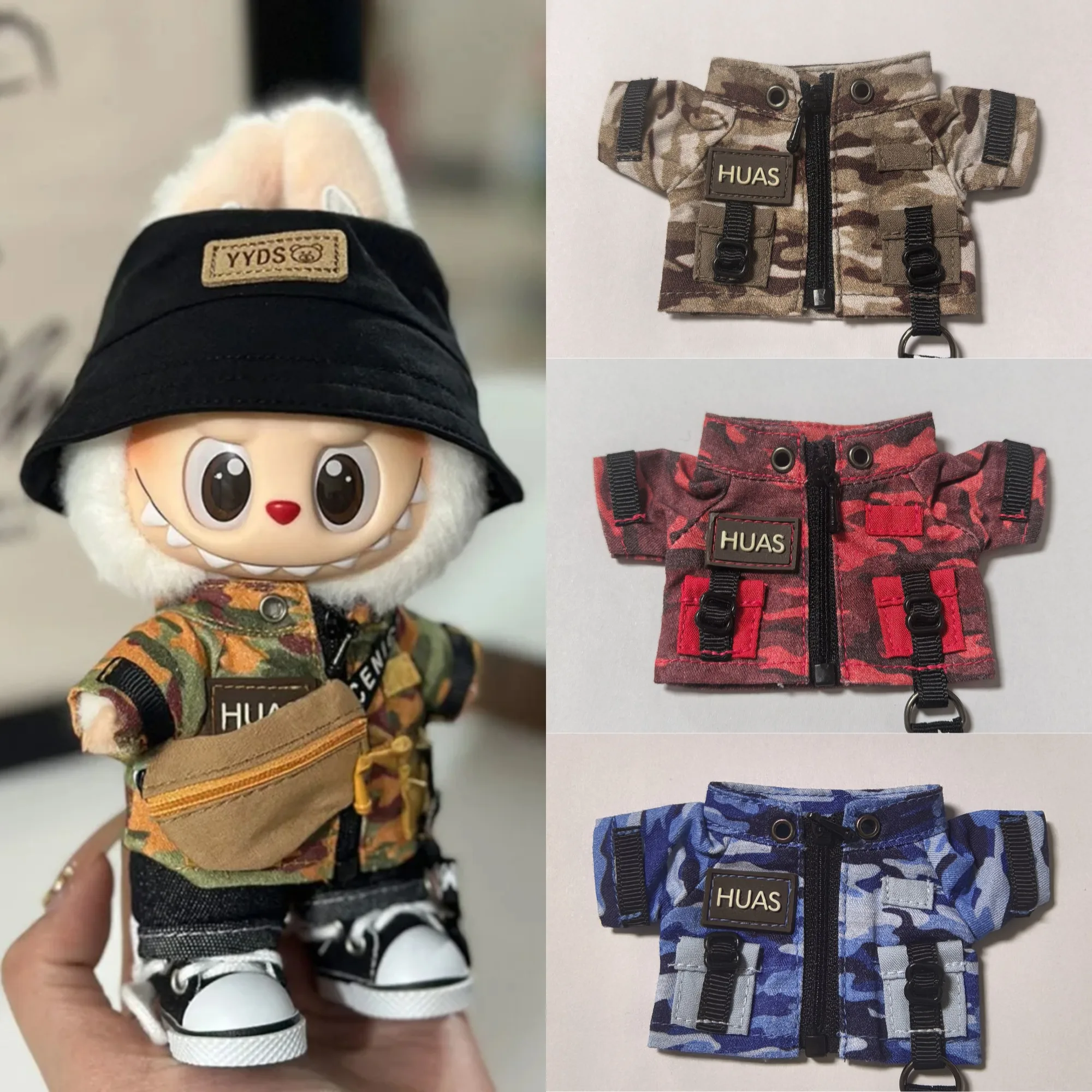 

15/17cm Labubu Clothes Trendy Fisherman Hat Camouflage Suit Kawaii Mini V1 V2 V3 Labubu Clothing Plush Doll Accessories Gift