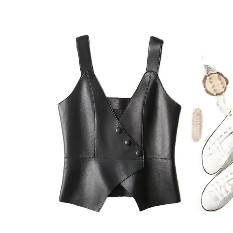 Fashion Design Suspender Leather Vest Women's  Waistcoat New 2023 Spring Autumn Korean Motorcycle Short Slim Female Vest Jacket