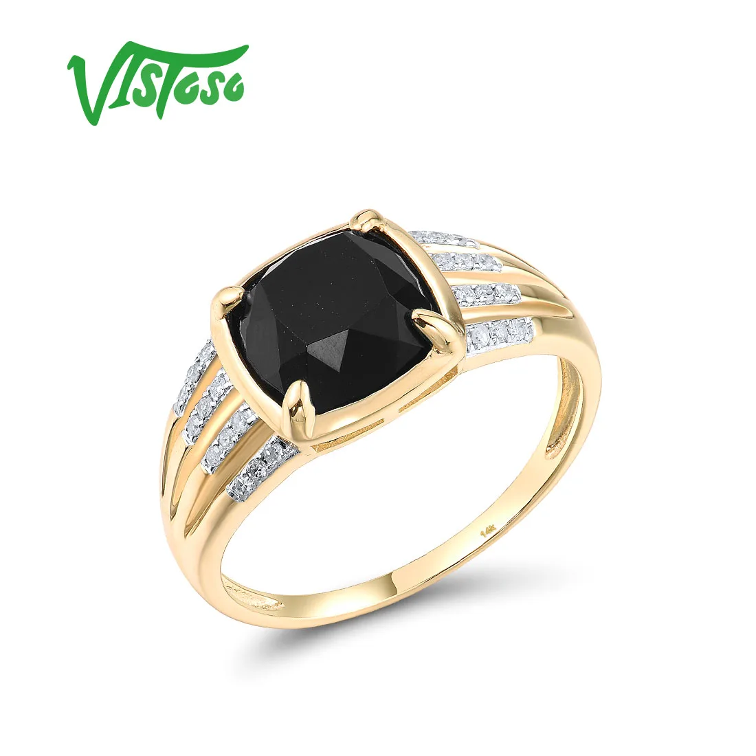 

VISTOSO Genuine 14K 585 Yellow Gold Ring For Women Sparkling Diamond Black Agate Wedding Engagement Gift Classic Fine Jewelry