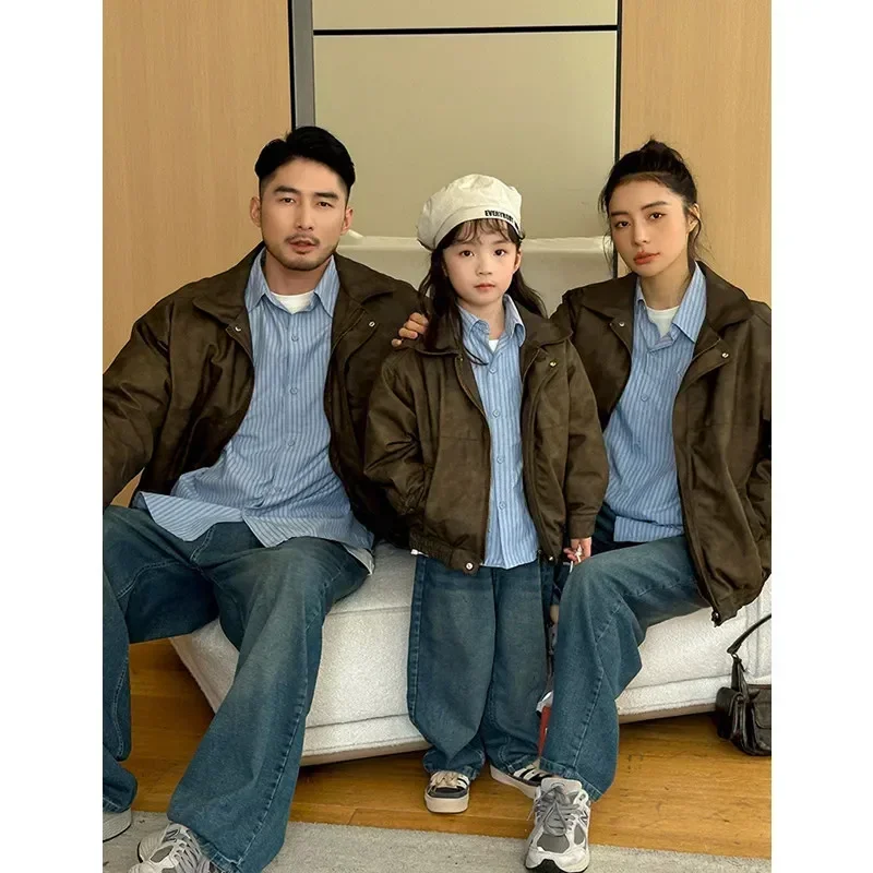 Family Winter Thick Long Sleeve Jacket Parent-child Matching Warm Pu Coat Fashion Korean Dad Mom and Son Daughter Same Clothes