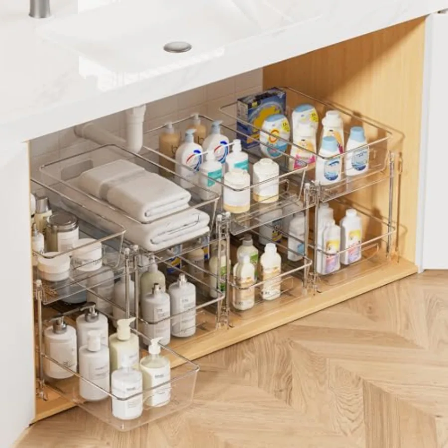 

4 Pack Bathroom Organizer 2 Tier Clear Under Sink Organizers Vanity Countertop Storage Container Cabinet Drawers Bins Pull-Out