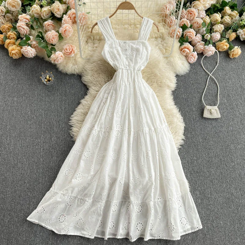 

Long Dress Women White Dresses A Line Square Collar Vestidos High Waist Hollow Out Sleeveless Elegant Y2k Streetwear Slim Fit