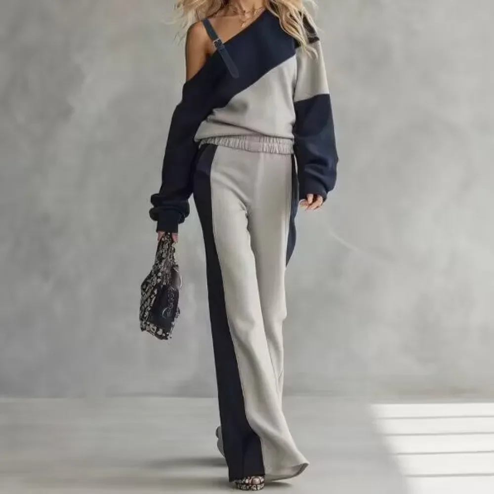 Colorblock Off Shoulder Two Piece Tracksuit Set Single Strap Long Sleeve Asymmetric Sweatshirt Stripe Wide Leg Pants for Women