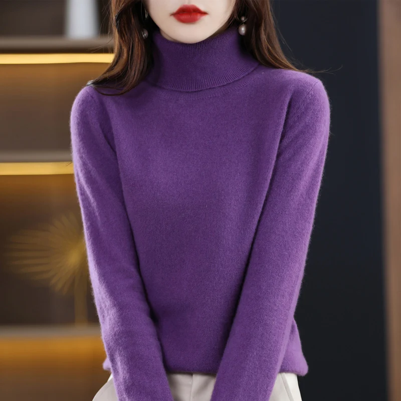 New 100% authentic sweater female turtleneck loose high-end atmosphere plus size sweater solid color knitted bottoming shirt.