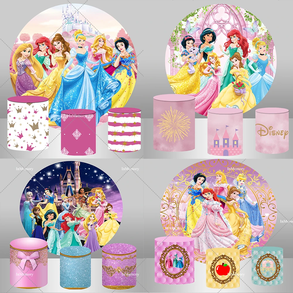 Disney Princess Round Backdrop Cover Girls Happy Birthday Party Decoration Polyester Elastic Baby Shower Circle Background