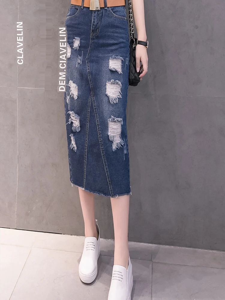 Ripped Bodycon Denim Skirts Womens Sexy Midi Pencil Skirt Ladies Wrap Jeans Skirt