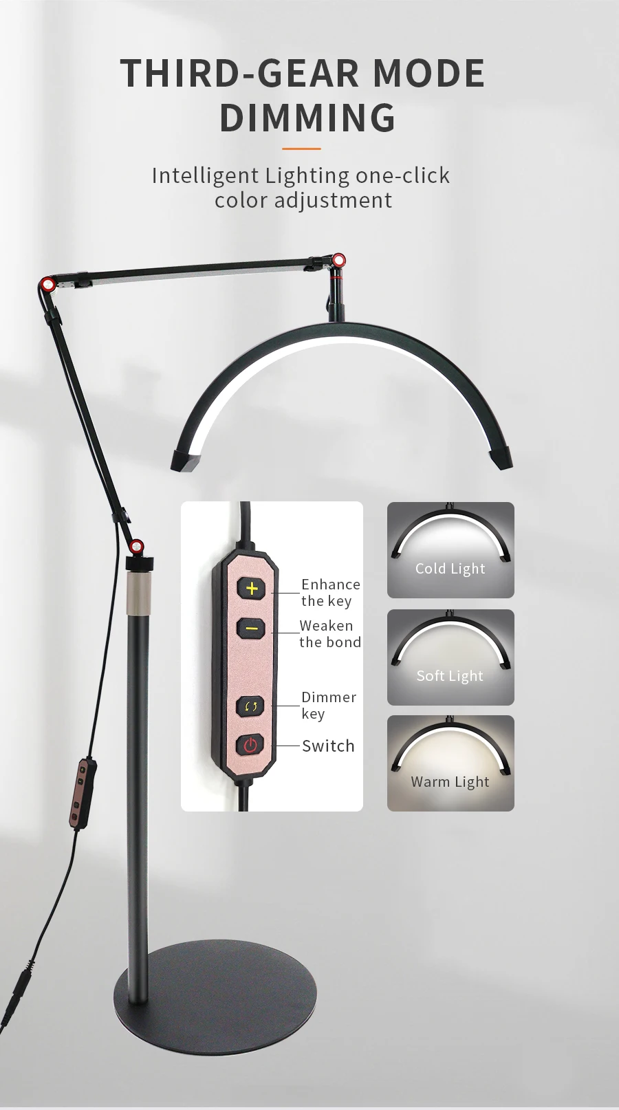 16-Zoll-LED-Halbmond-Wimpernlicht, Temperatur 3000 K–6000 K, Boden-LED-Ringlampe für Schönheitsgesichtsbehandlungen, Hautpflege, Tattoo, Augenbrauen, Filmen – Detail 6