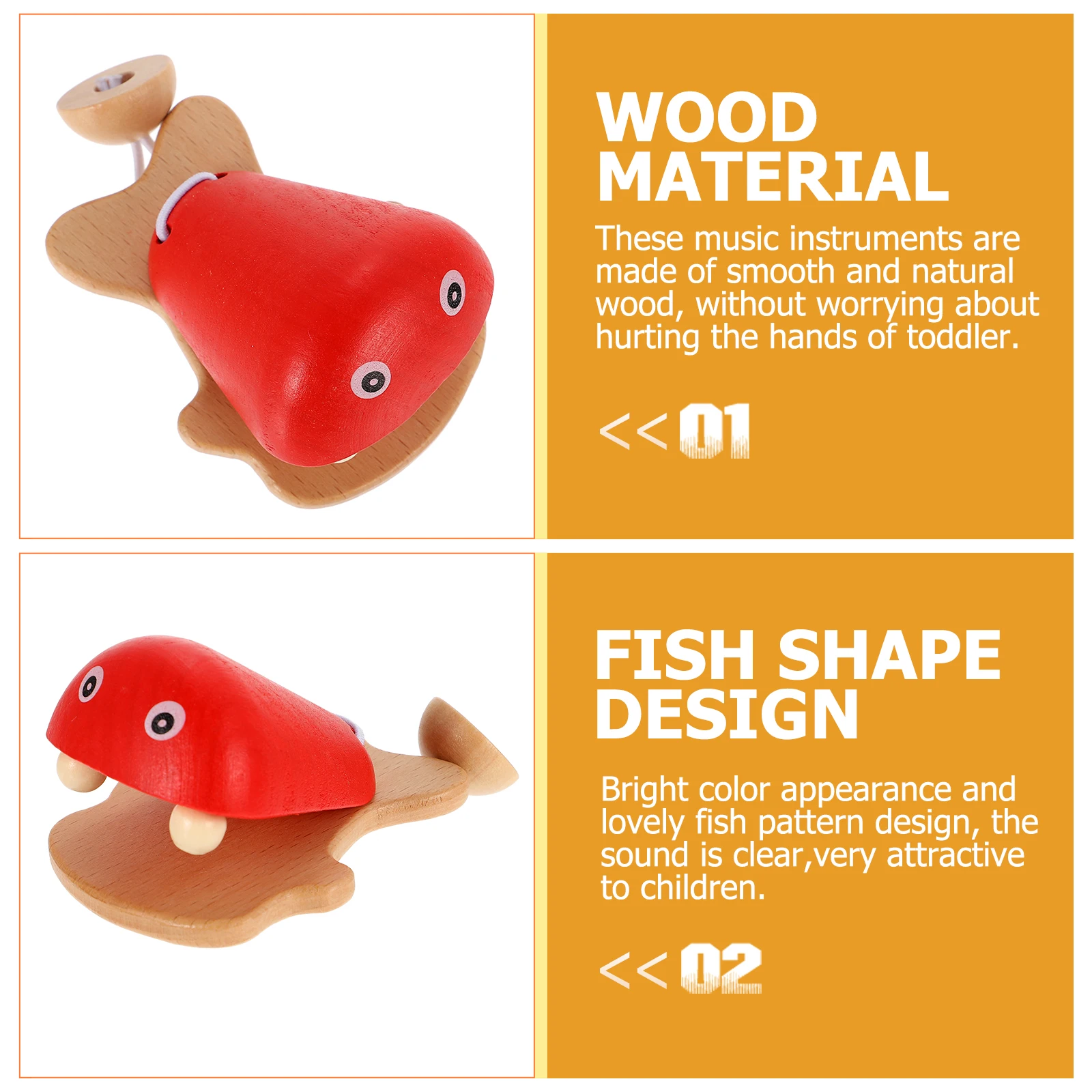 

2pcs Fish Pattern Wooden Castanets Kids Musical Instruments Toddler Finger Percussion Toys Wear-Resistant Smooth for Baby