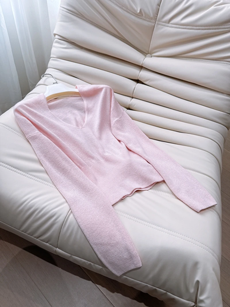 

Early Spring Pink Ele Soft Camere Knitted Slim Fit Woolen Base irt Versatile High End Feeling Women's Faion Top