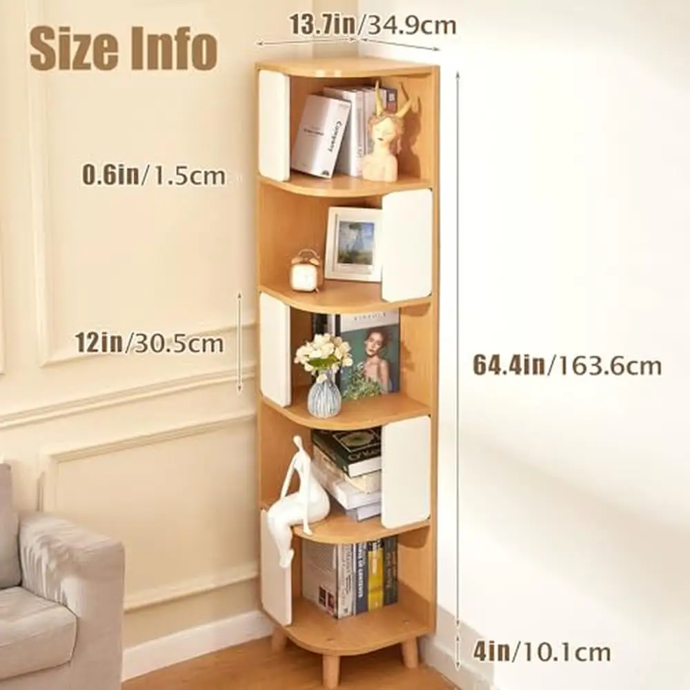 5-Tier Wood Corner Bookshelf Nordic Style Tall Shelf with Thickened Layers Standing Bookcase Living Room Bedroom Study Office