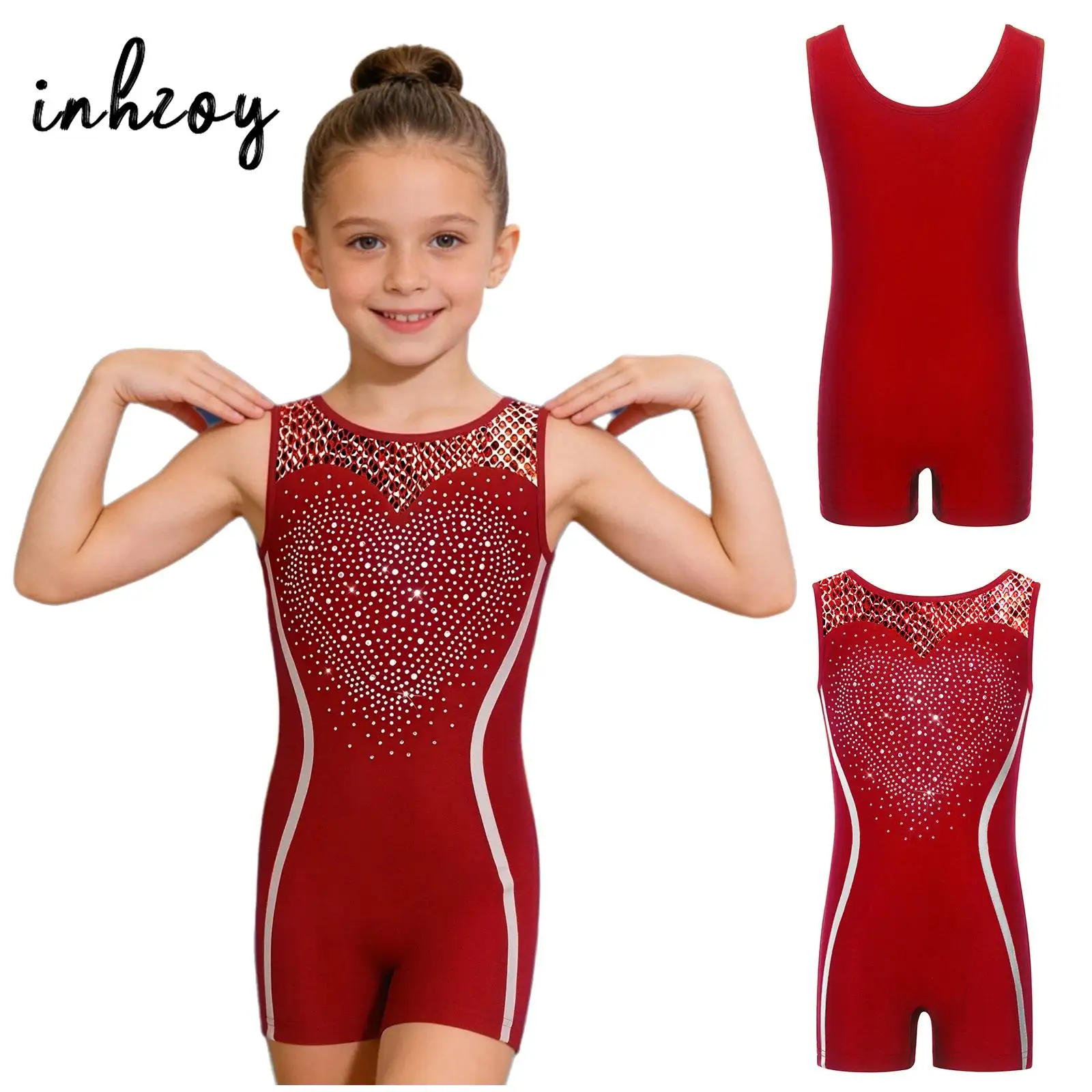 

Детский гимнастический купальник для девочек без рукавов с блестками и цветными вставками для школьных танцев и тренировок