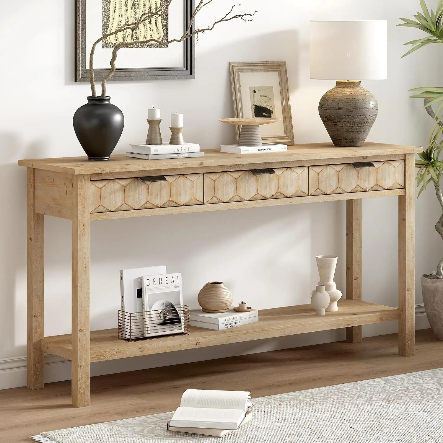 Console Table with 3 Drawers & Bottom Shelf, Modern Sofa End Table with Long Legs & Fir Veneer for Living Room Hallway, 15.7