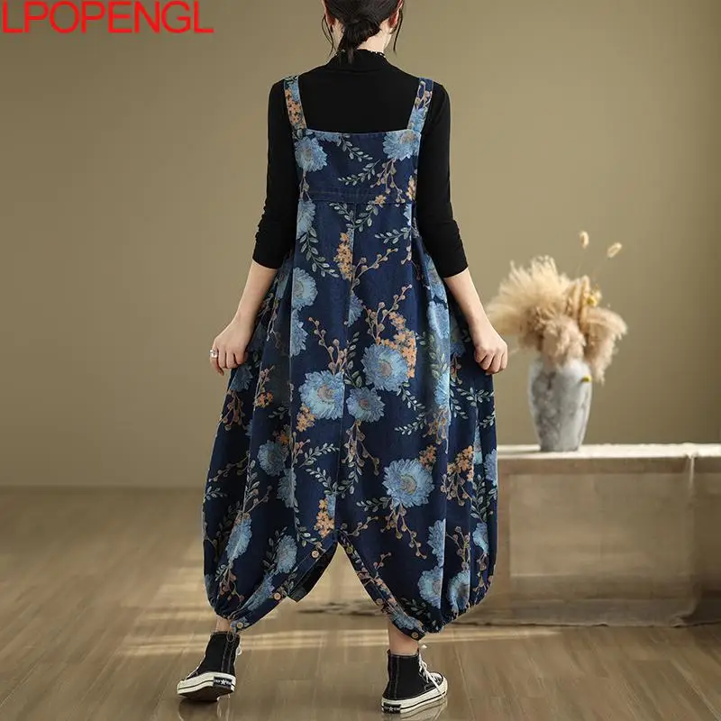 2025 Spring And Autumn Retro New Chinese Personality Print Denim Wide-leg Pants Loose Women Straight Oversized Pocket Overalls