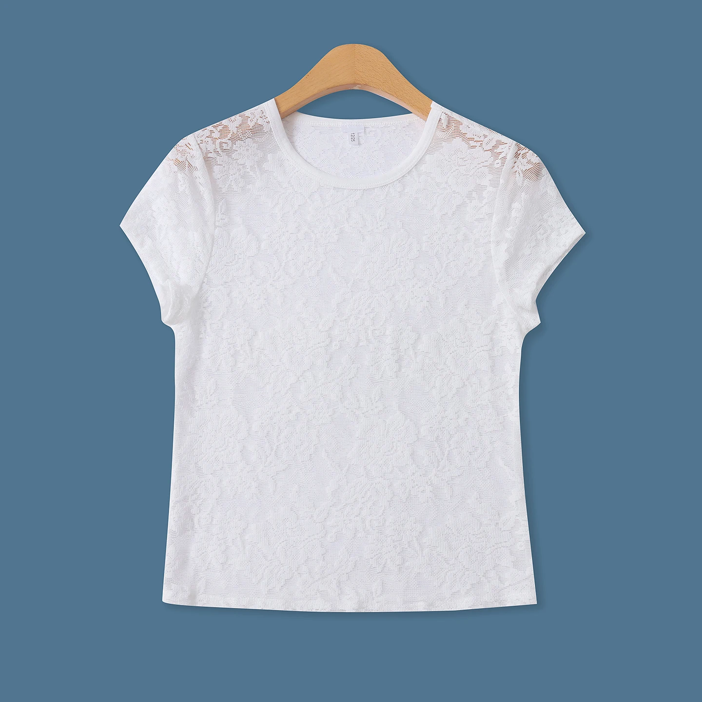 

Sweet Style Lace Shirt Women's Slim Fit round Neck Short Sleeve T-Shirt Half Transparent Elastic Summer New Arrival 20330