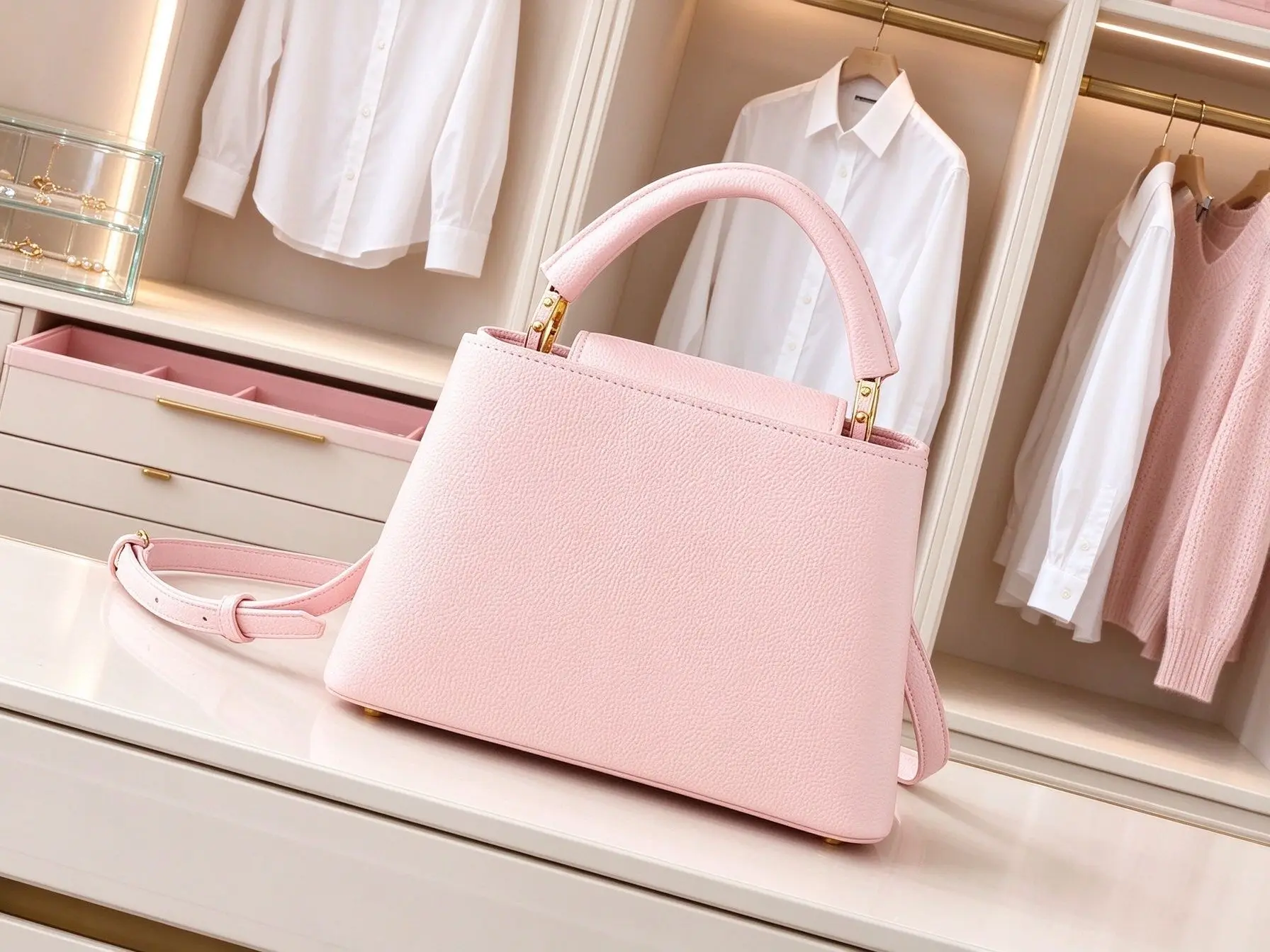 Fashion Women Pebbled PU Leather Tote Handbag Pink Top Handle Design Detachable Strap Daily Office Crossbody Bag