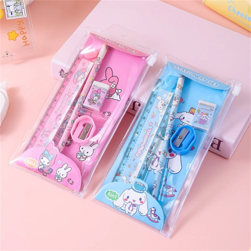 1Set Kawaii Sanrio Cinnamoroll Kuromi My Melody Pencil Eraser Ruler Pencil Stationary Set Sharpener School Even Prizes