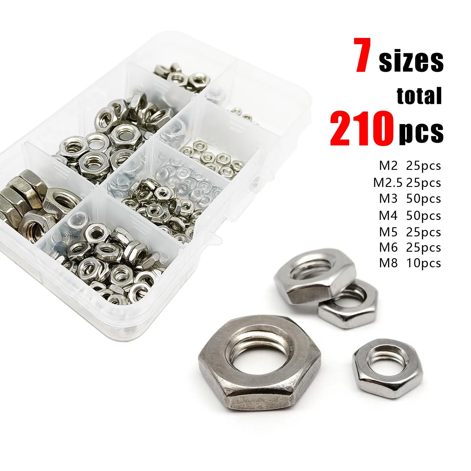 Juego de tuercas hexagonales de acero inoxidable, caja de surtido de 210 piezas, M2, M2.5, M3, M4, M5, M6, M8, DIN439, GB6172, 304 A2-70