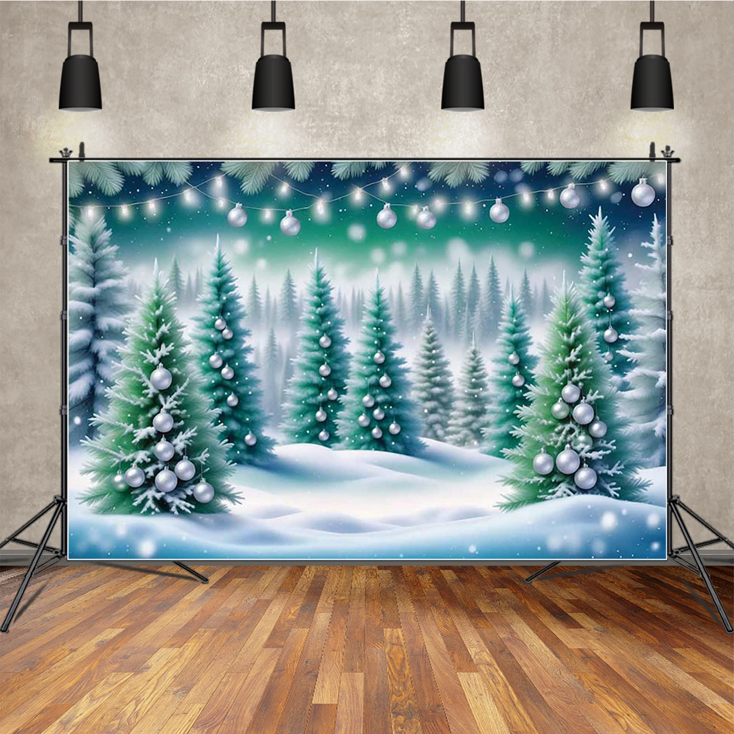 MOON.QG Winter Christmas Backgrounds For Photographs Snow Sliver Baubles Forest Backdrop Shooting Props Poster Photocall Studio