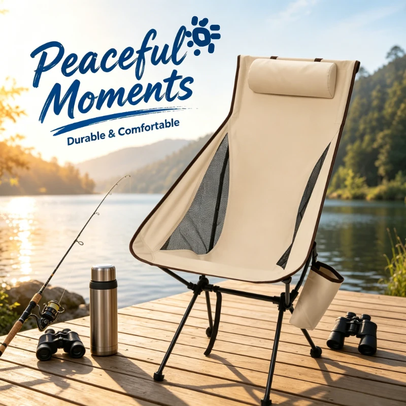 Padded Headrest Folding Chair, Durable Aluminum Frame, Portable Seat for Camping, Fishing and Trips