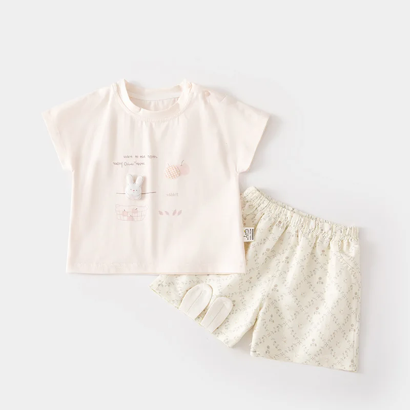 Baby Short-Sleeved T-shirt Suit Home Wear Thin Summer Girls' Shoulder Open Shorts Loose Baby Outerwear Ice Skin Cotton