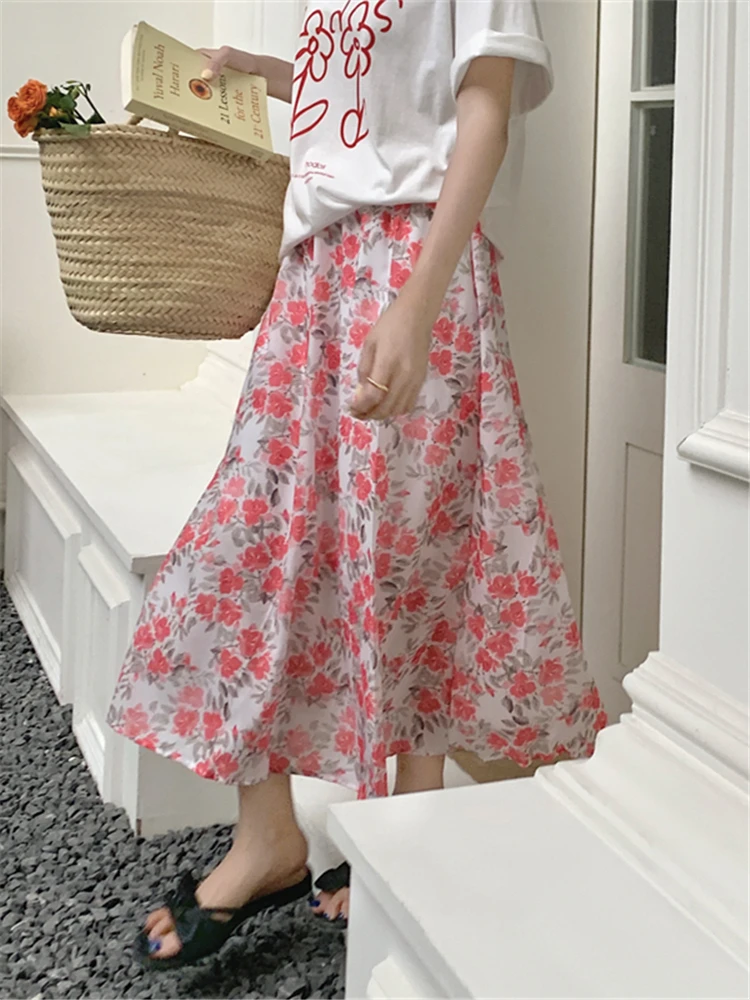 Seoulish Summer Vintage Floral Printed Women's Mi-long Skirts 2022 New High Waist Umbrella Fashion Korean A-Line Skirts Female