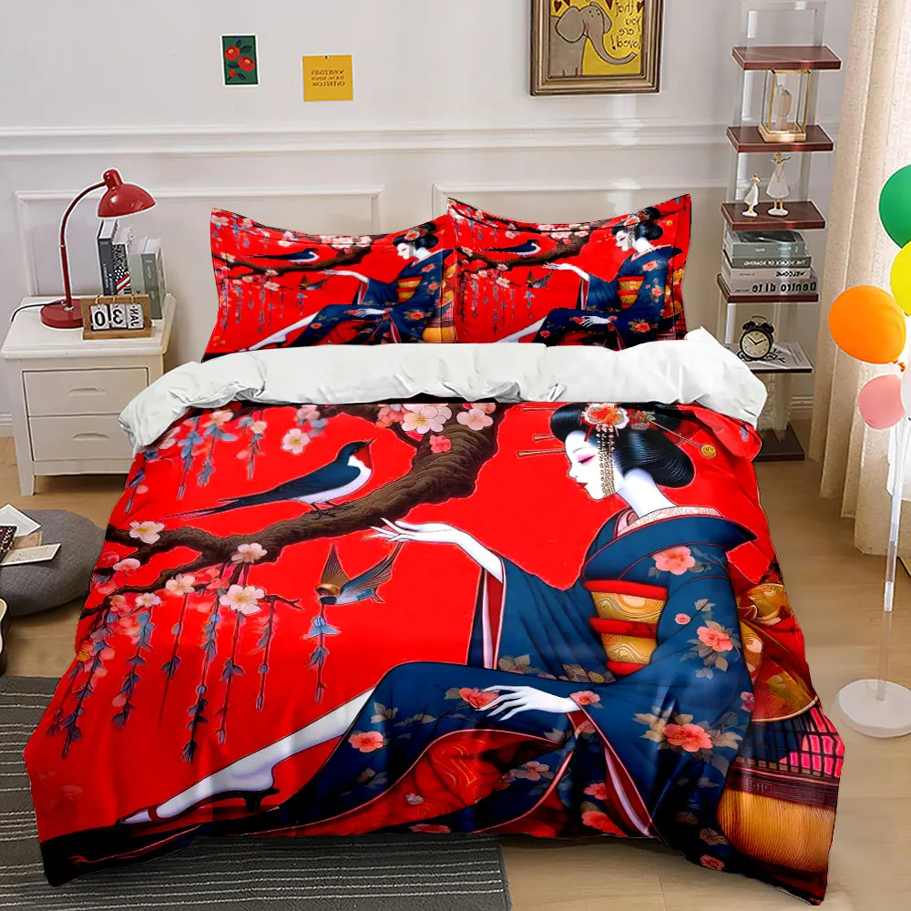Kimono-clad woman with birds and flowers Print Soft Comfortable Duvet Cover Bedding Set Included 1*Duvet Cover 2*Pillowcases