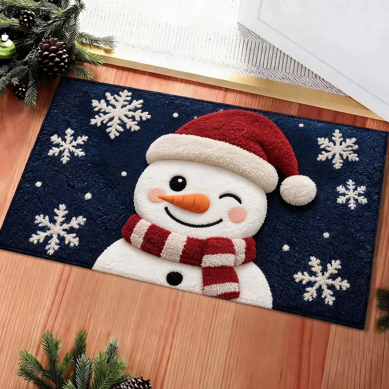 VIKAMA Christmas Santa Claus Bathroom Door Mat Red Antler Snowflake Navy Blue Floor Rug Absorbent Soft Cozy Home Decor Gift