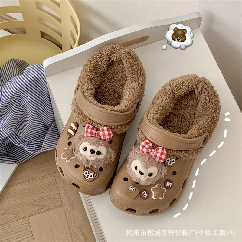 Disney autumn and winter Shirley Mei cute warm home women's shoes cartoon non-slip removable insole plush cotton slippers