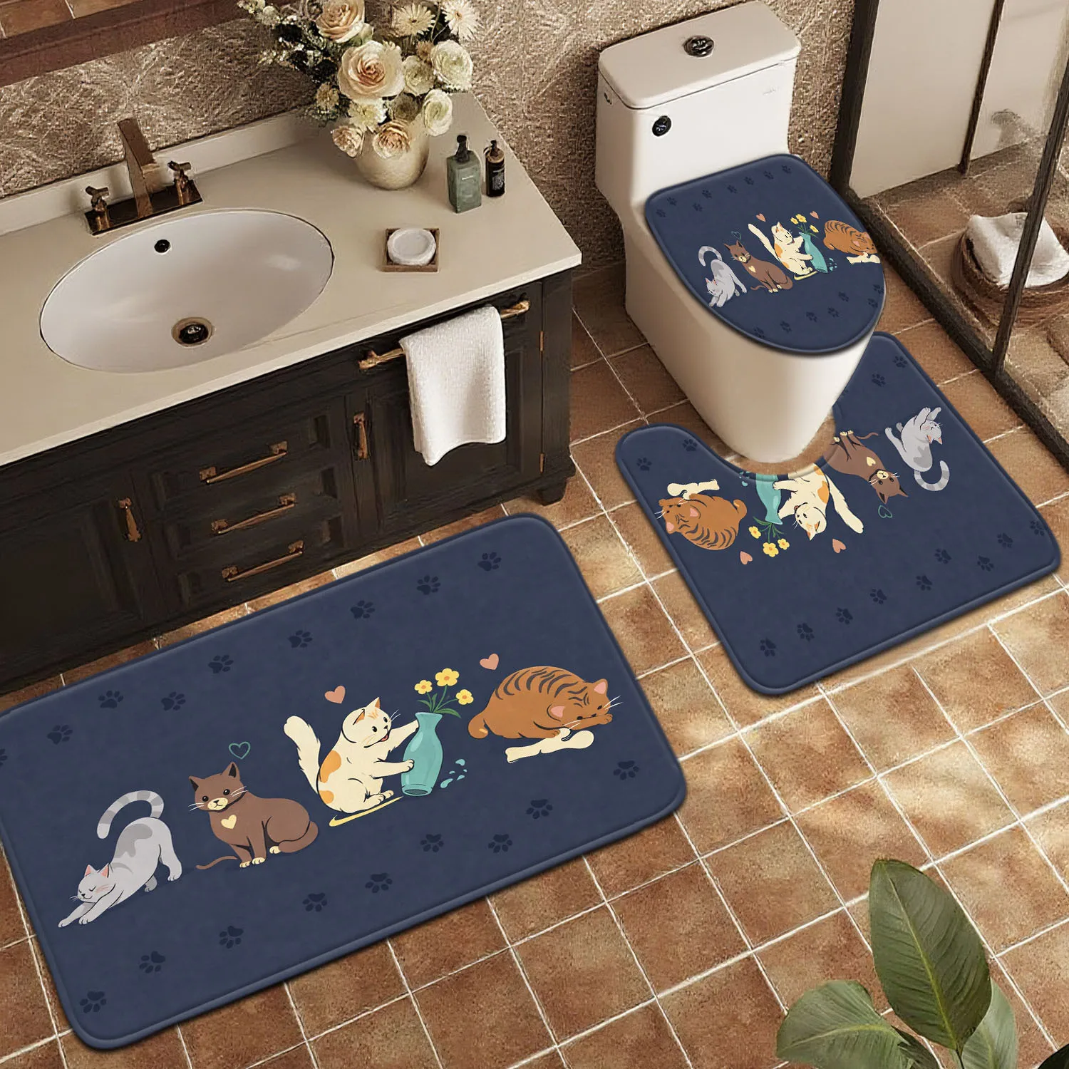

Cute Cat Cartoon Bath Mat Set for Bathroom Anti Slip Rug Mat Toilet Mat Non Slip Floor Accessories Bath Accessories Household De