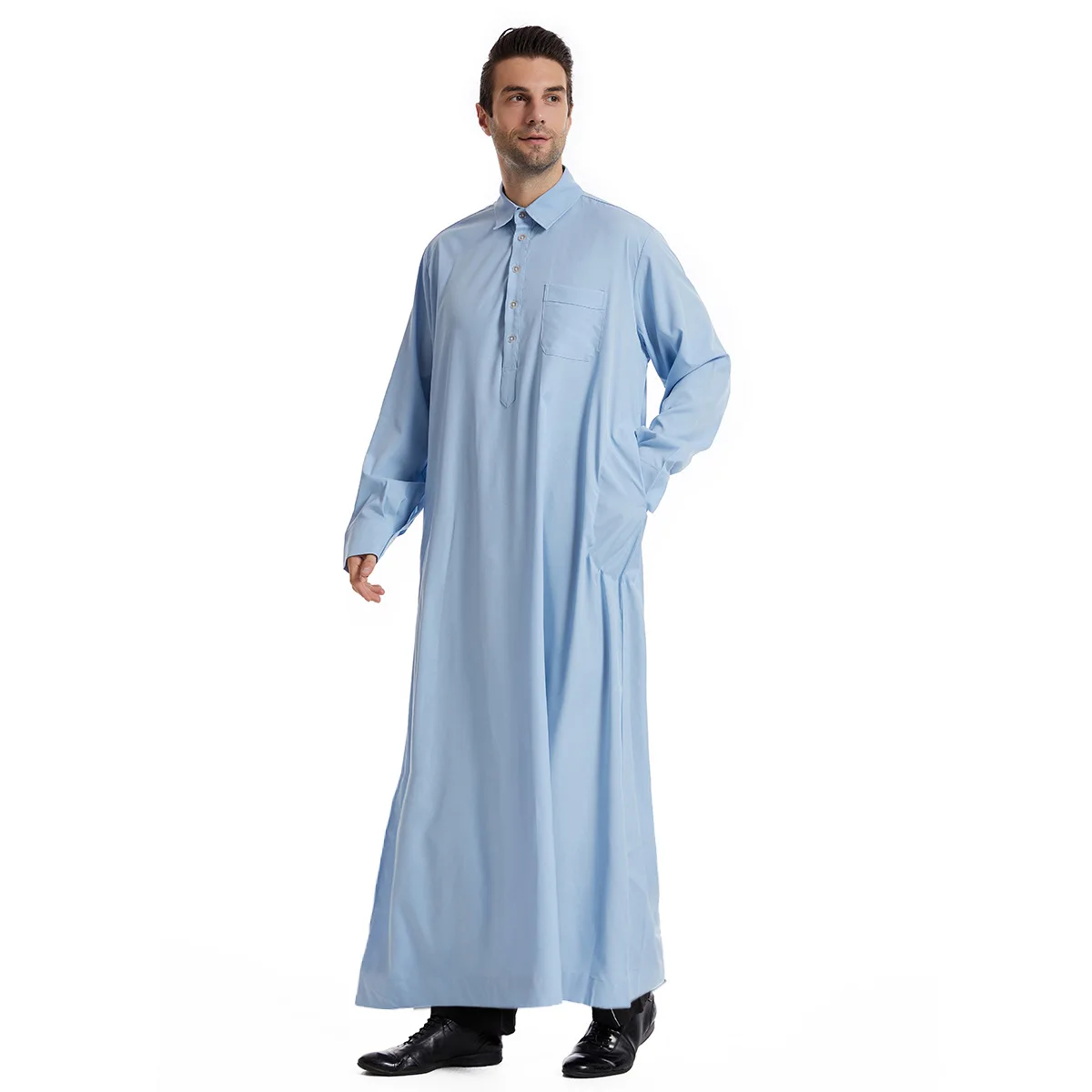 Túnica larga para hombre Eid Abaya musulmana con bolsillos Jubba Thobe modesto Dubai Arabia Saudita Abayas oración Ramadán Marruecos botones Kaftan Dishdasha