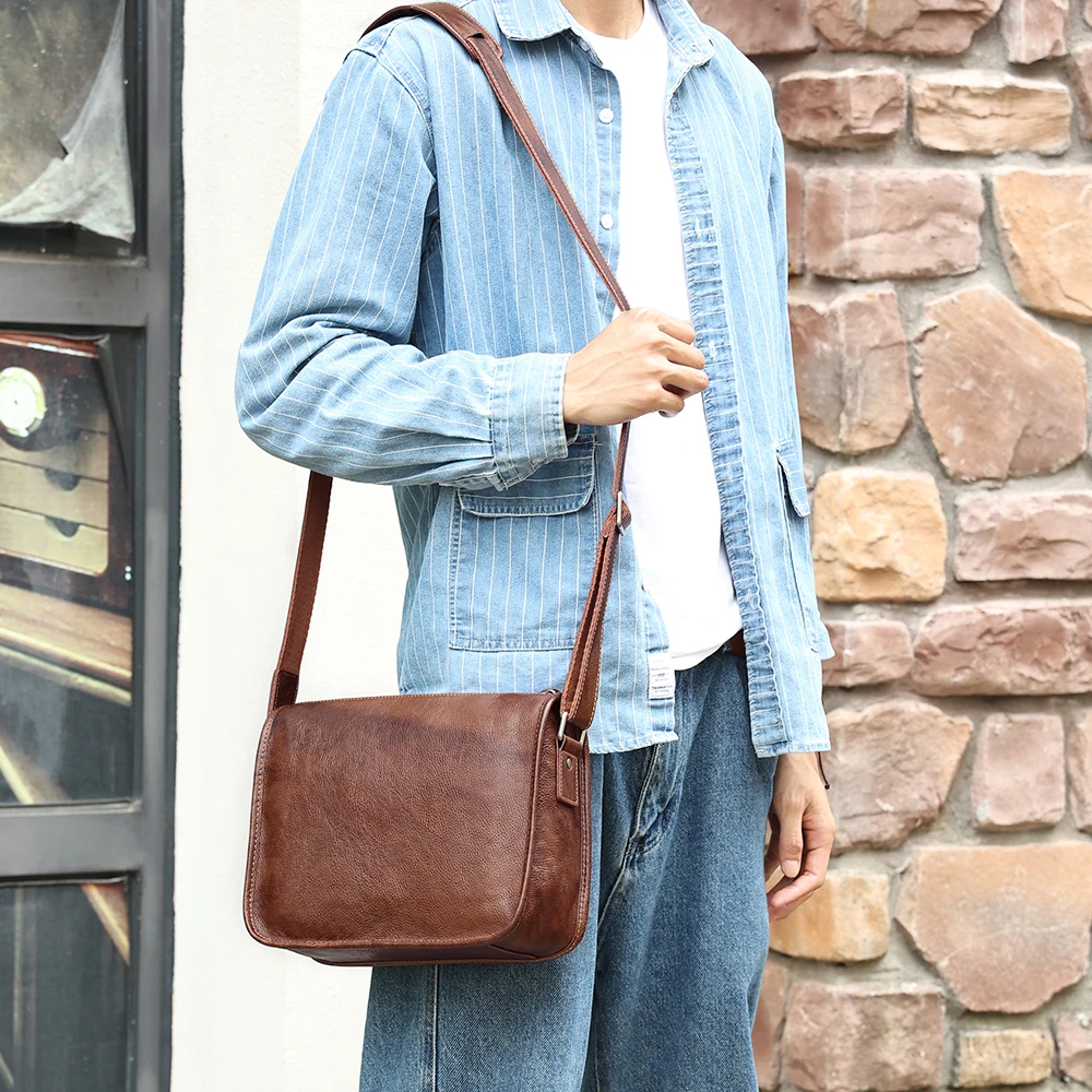 Vegetable-tanned Leather Men\'s Crossbody Bag Leather Men\'s Bag Retro Large Capacity Messenger Bag Men\'s Leather Shoulder Bag