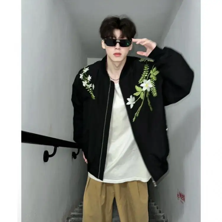SpringAutumn New American Retro Floral Embroidery Personalized Jacket Cotton Coat Unisex Winter Trend Baseball Collar Coat